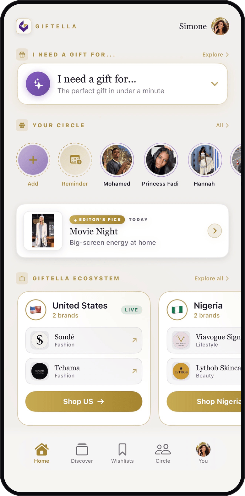 The Giftella app home screen: your circle, today's pick and partner brands